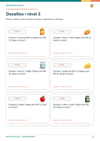 Seis cartões reais de desafios sobre pagamento e troco