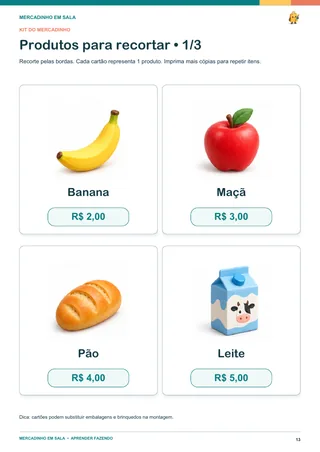 Cartões ilustrados de banana, maçã, pão e leite para recortar